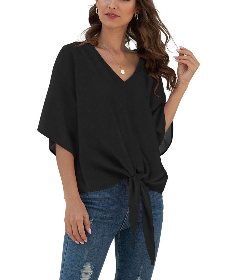 VIISHOW Women's Casual 3/4 Tiered Bell Sleeve V Neck Loose Tops Blouses Shirt, Pure Black, Small - Image 1
